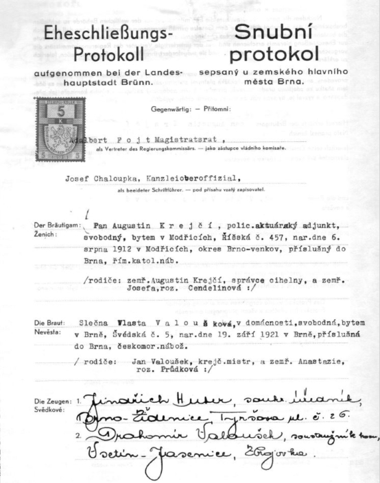 Snubní protokol - Augustin Krejčí, zdroj: Archiv města Brna
