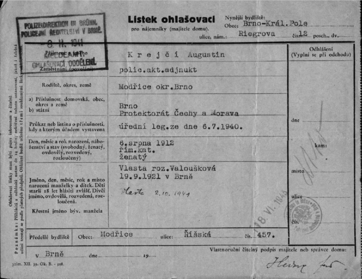 Lístek ohlašovací - Augustin Krejčí - 1941, zdroj: Archiv města Brna