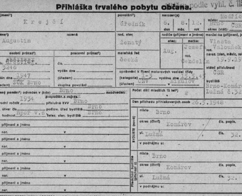 Přihláška trvalého pobytu občana - Augustin Krejčí - 1948, zdroj: Archiv města Brna