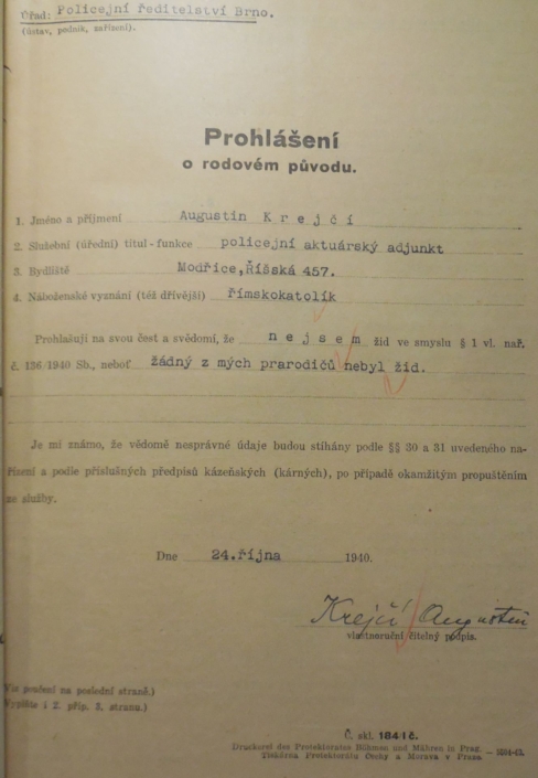 Augustin Krejčí v roce 1940 prohlašuje, že není Žid. Zdroj: Archiv bezpečnostních složek