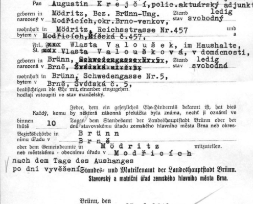 Ohlášky Augustina Krejčího a Vlasty Valouškové, zdroj: Archiv města Brna